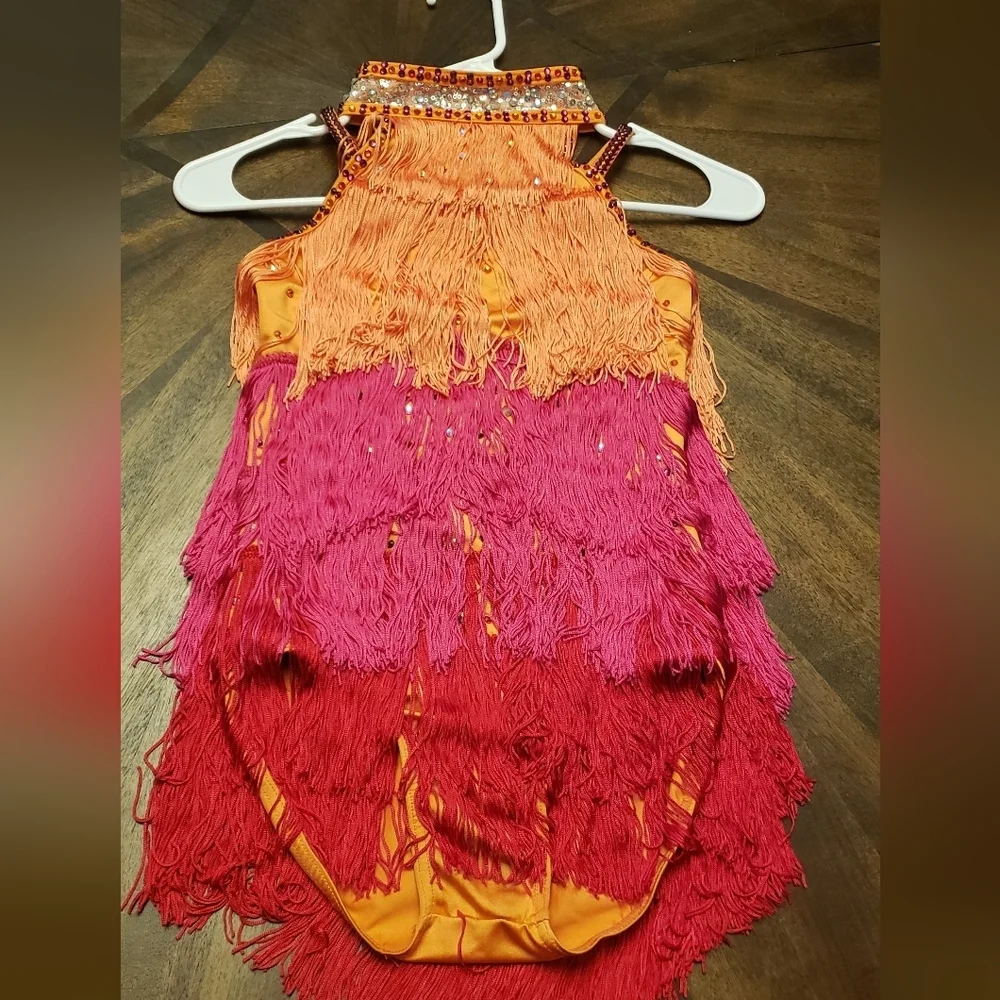 Weissman Fringe Dance Costume for Kids - Orange, Pink, and Red Size LC